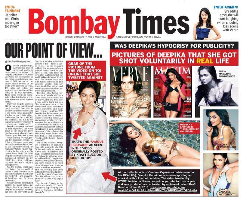 Front page of Bombay Times, supplement of Times of India, 22.09.2014