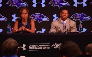 American football player Ray Rice gives a press conference after video of him knocking his then-fiance (now wife) unconscious is leaked to the public. During the press conference, Rice famously apologized to everyone (fans, his team, etc) except the woman sitting beside him who he had beaten.