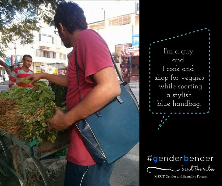 "I'm a guy and I cook and shop for veggies while sporting a stylish blue handbag." - Sukrut Gejji