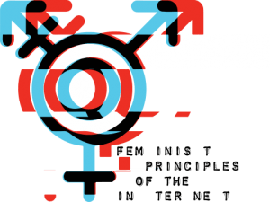 Text: Feminist Principles of the internet. On the Right side is the symbol for intersectionality