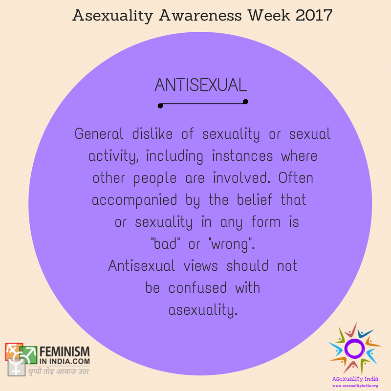 General dislike of sexuality or sexual activity, including instances where other people are involved. Often accompanied by the belief that or sexuality in any form is "bad" or "wrong". Antisexual views should not be confused with asexuality.