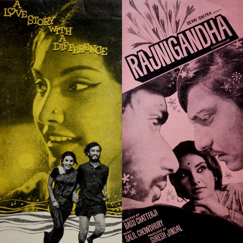 A poster of the movie Rajnigandha, featuring Vidya Sinha, Amol Palekar and Dinesh Thakur.