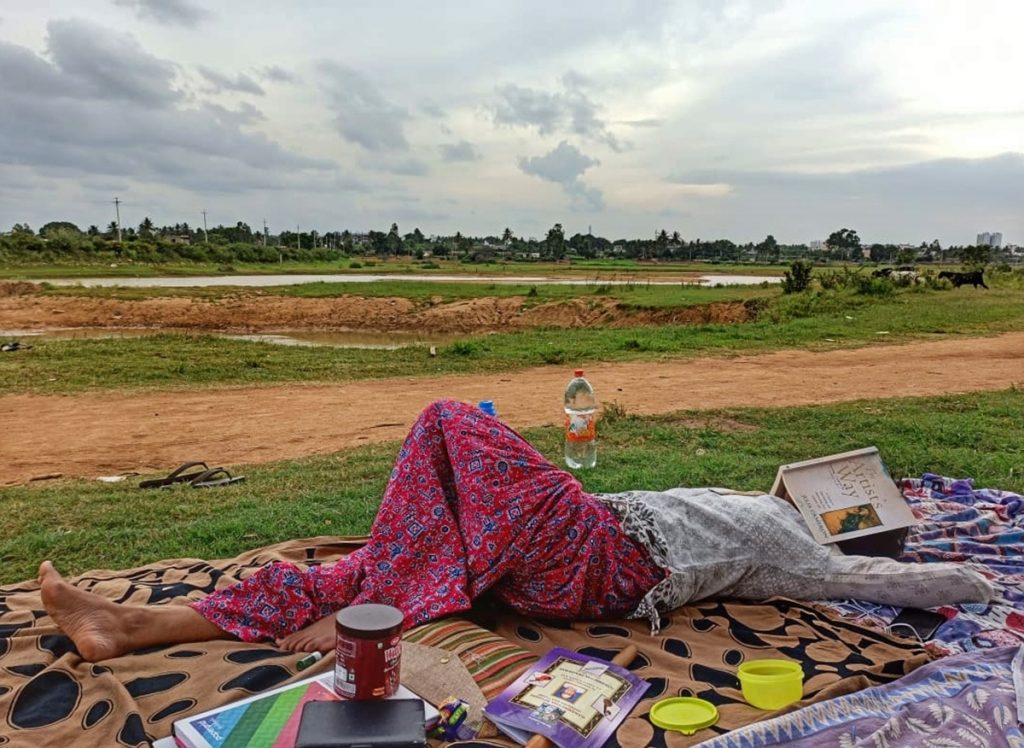 Women at Leisure: Surabhi relaxing during a picnic outing with friends. 