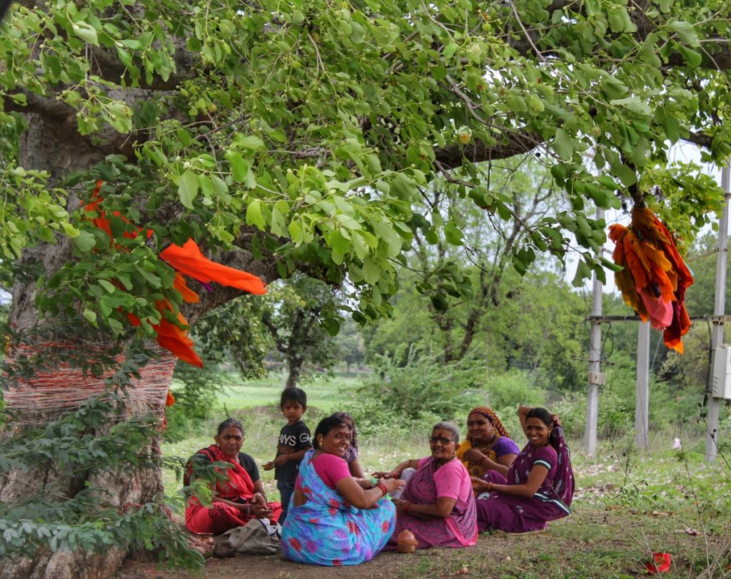 Women at Leisure: A group of women on a religious outing to a sacred tree outside their village. After finishing their prayers/Pooja, they sat together to catch-up.