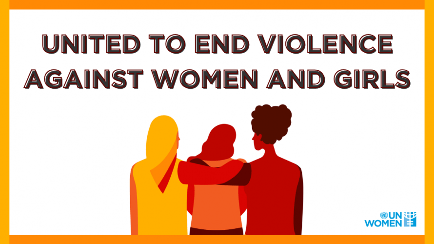 A poster by the UNICEF saying 'United to end violence against women and girls.'