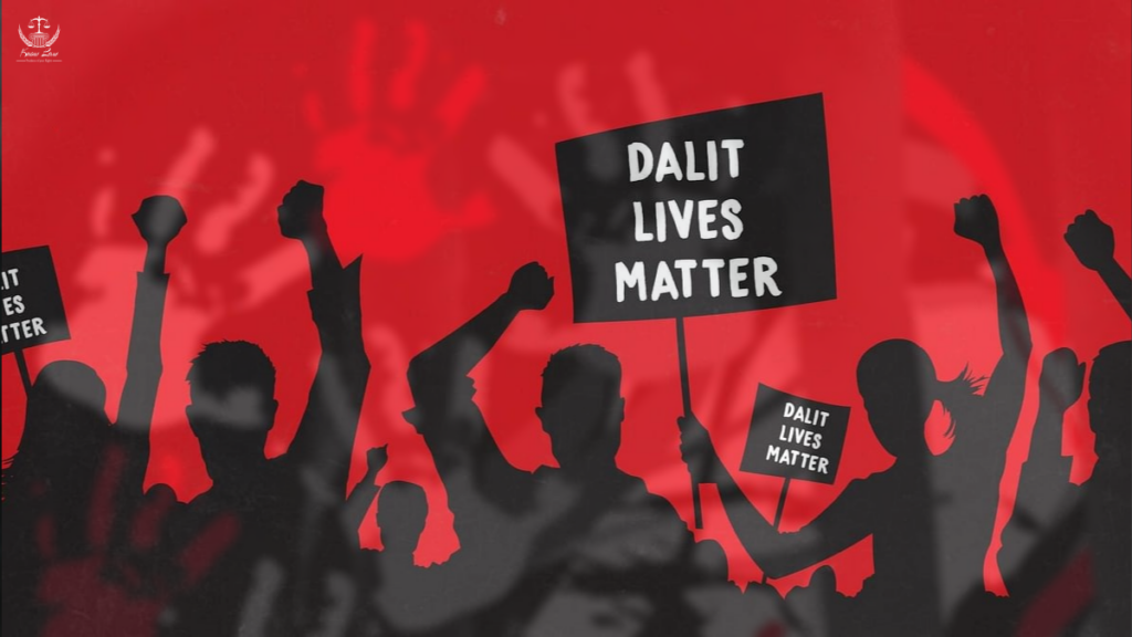 A red poster in which men and women are shown as black shadows standing with a placard that says 'Dalit Lives Matter.'