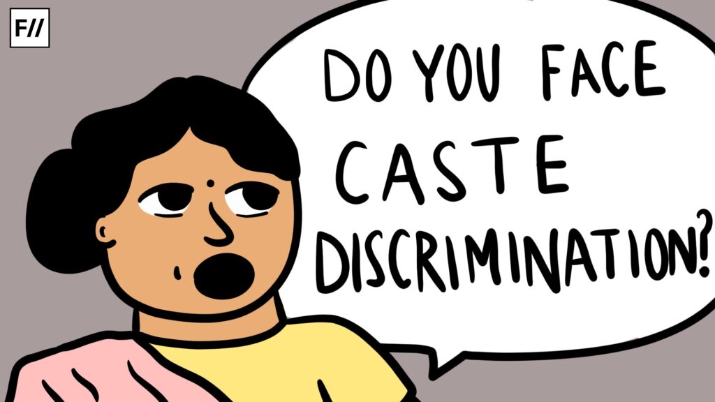 A picture of a woman asking 'Do you face caste discrimination?'