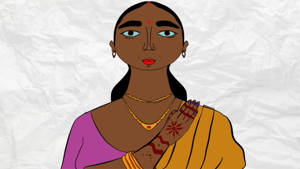 Image connotes marriage. A married woman wearing a bindi, purple and mustard saree and a mangalsutra 