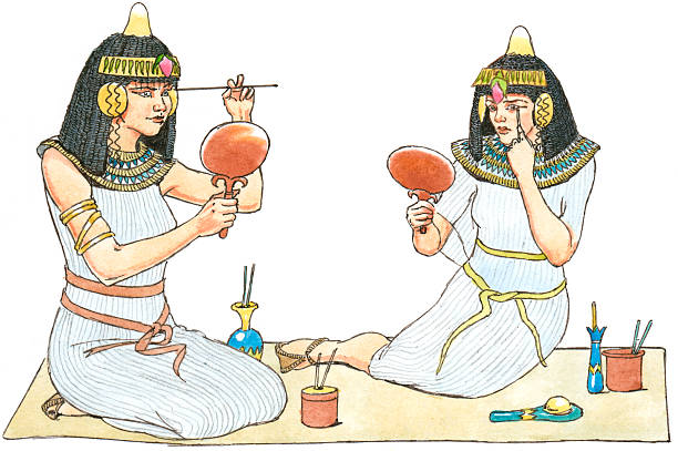 Two ancient Egyptian women sitting in front of each other while applying cosmetics and makeup. 