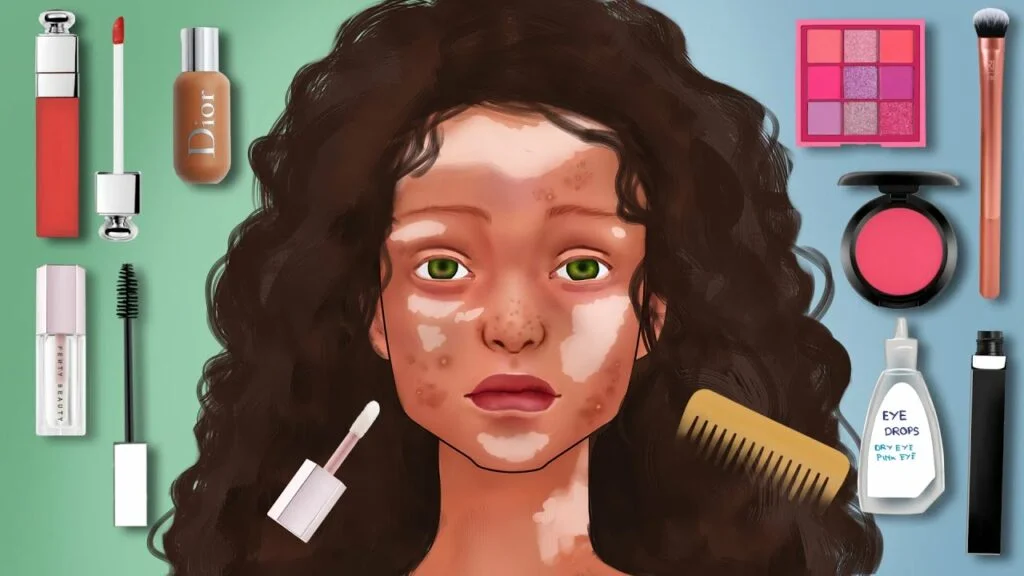 A curly Black young woman with cosmetics around her.