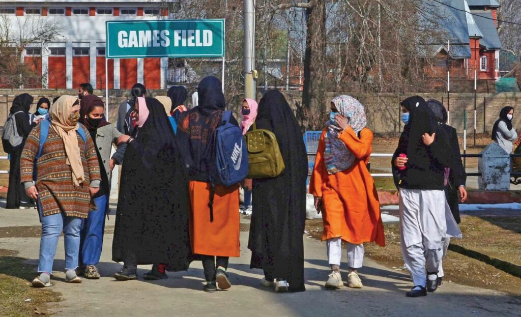 Kashmiri girl students outside college 