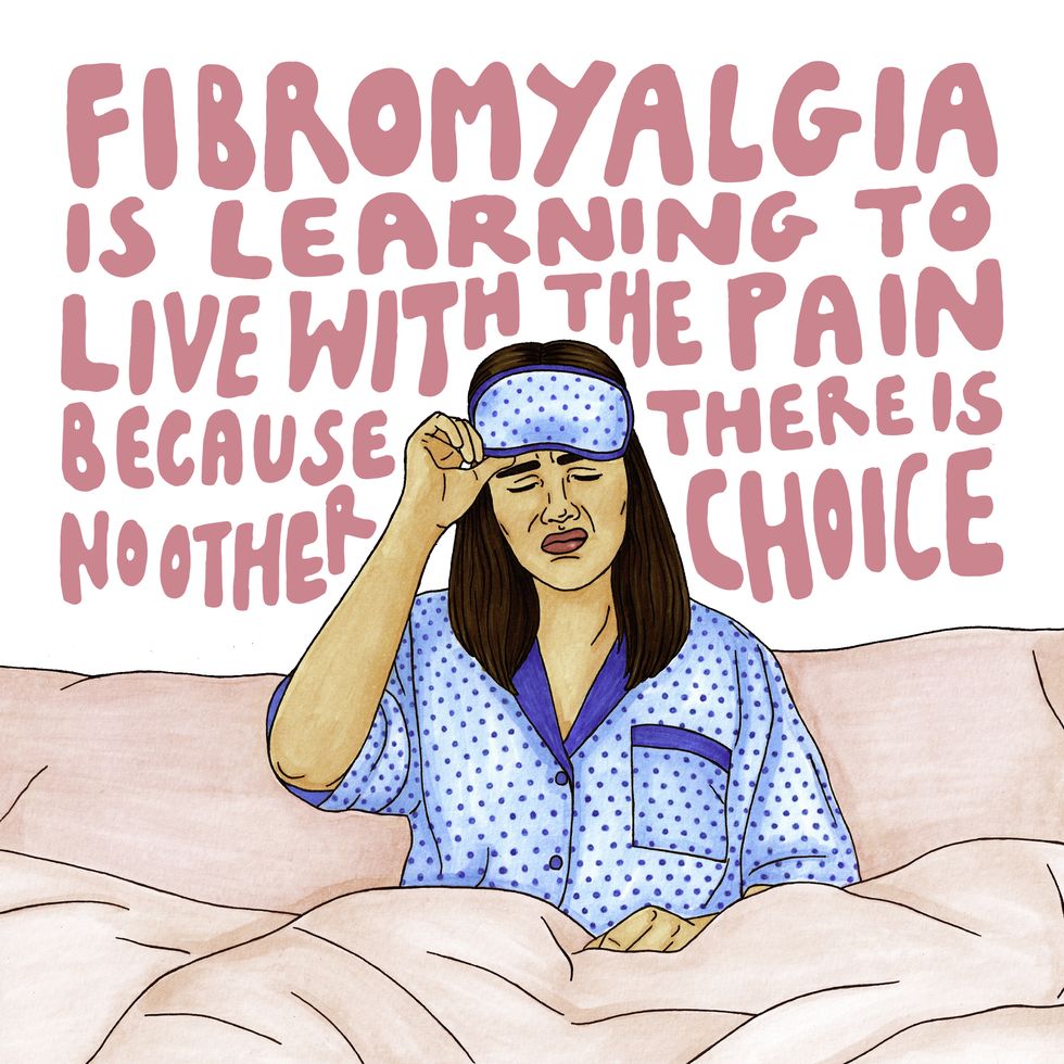 An illustration of a woman, sitting on her bed with sheets on her lap. She is wearing a dotted blue night dress. The text on the image reads fibromyalgia is learning to live with the pain because there is no other choice. 
