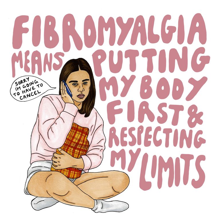 An illustration of a woman sitting on floor with a hot water bag in one arm. The woman has brown skin and black hair. The text on the image reads fibromyalgia means putting my body first and respecting limits. 