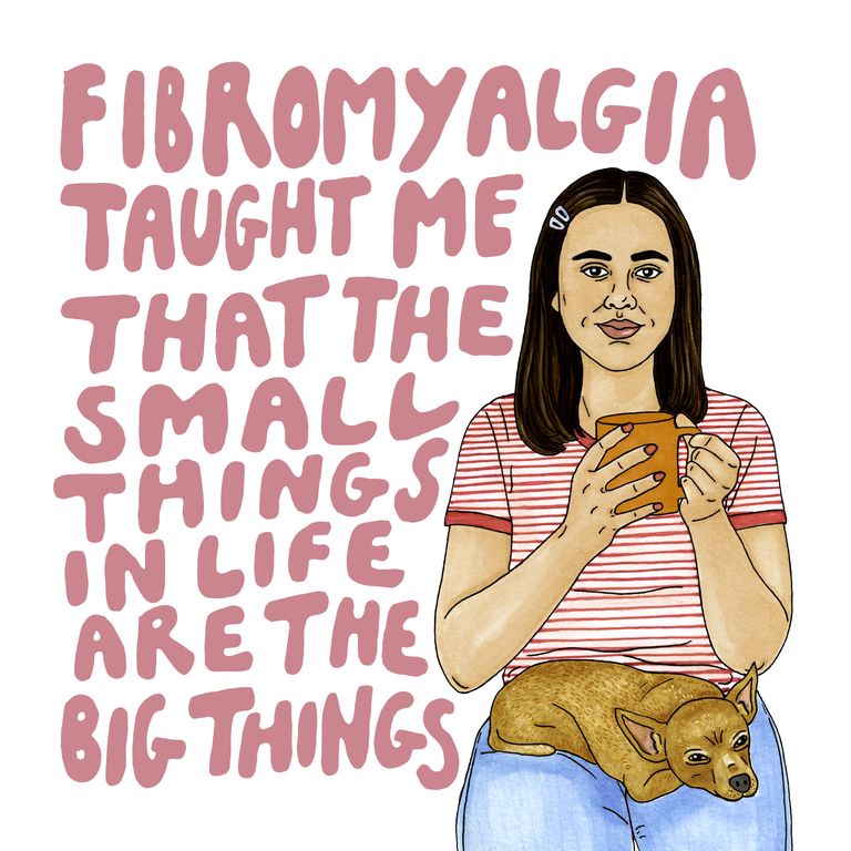 An illustration of a woman with fibromyalgia, having a brown cup in both hands. She is wearing a red stripped tee. 