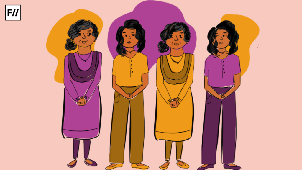 Mother and daughter illustration with mother wearing purple kurta and salwar and daughter purple top and trouser. 