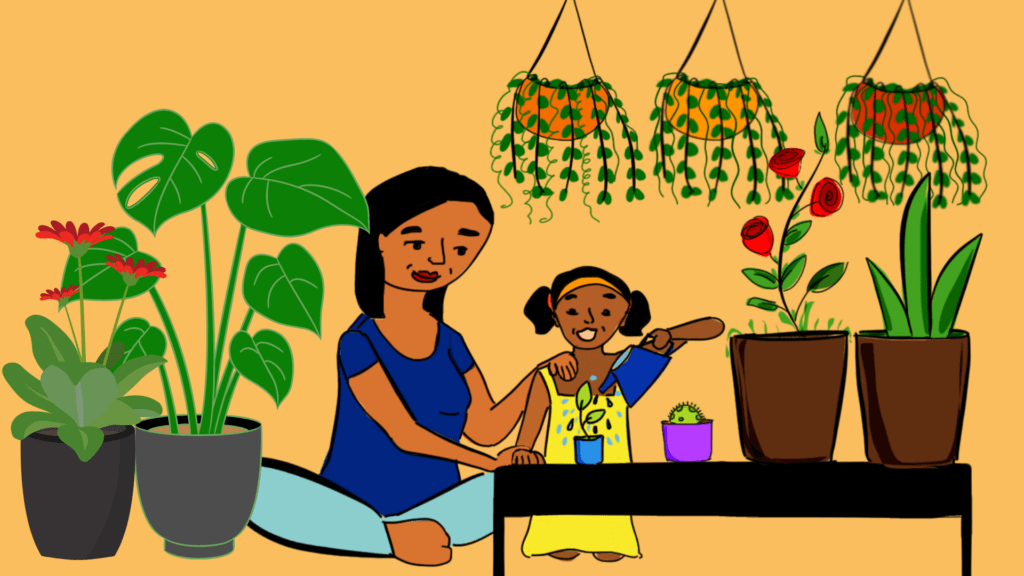 Mother helping little daughter to water plants 