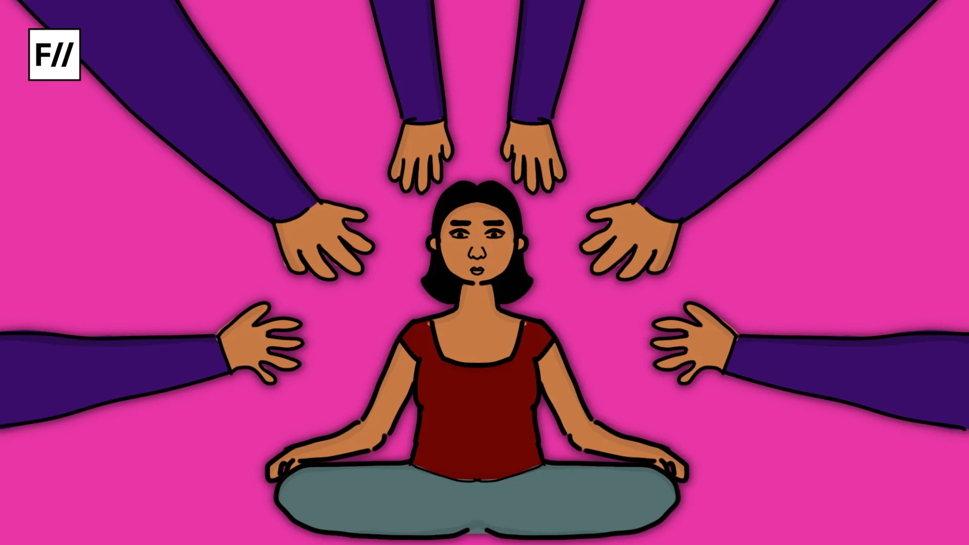 Woman surrounded by hands