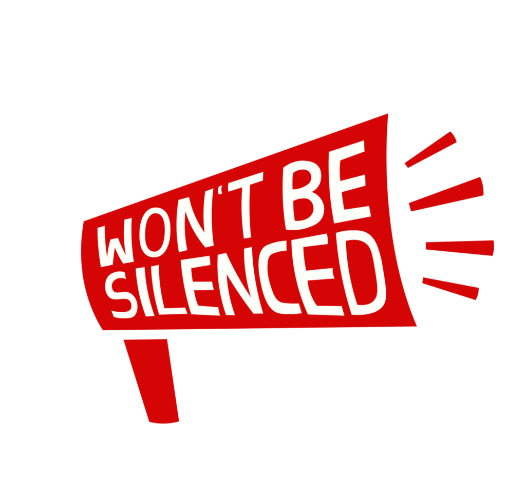 illustration of a loudspeaker with the words 'Won't be silenced' written on it.