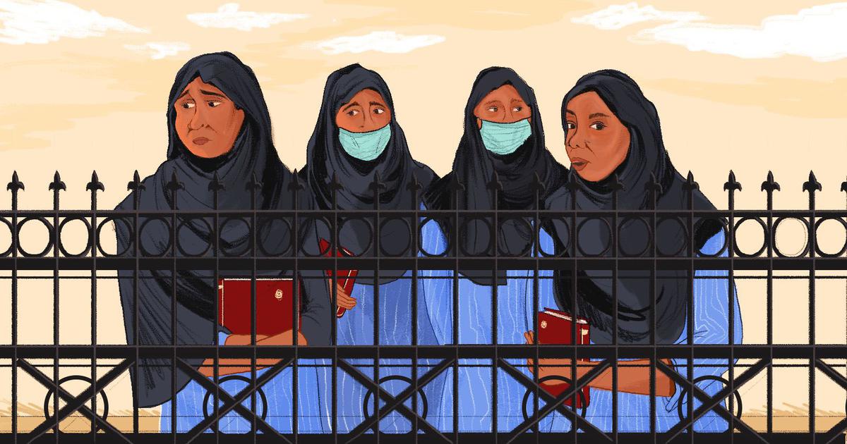 Illustration of Hijabi students outside college gates