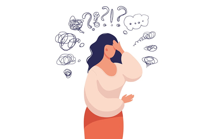 A woman thinks over a problem, suffers from obsessive thoughts, headache, unresolved issues, psychological trauma, depression. Flat vector illustration. 