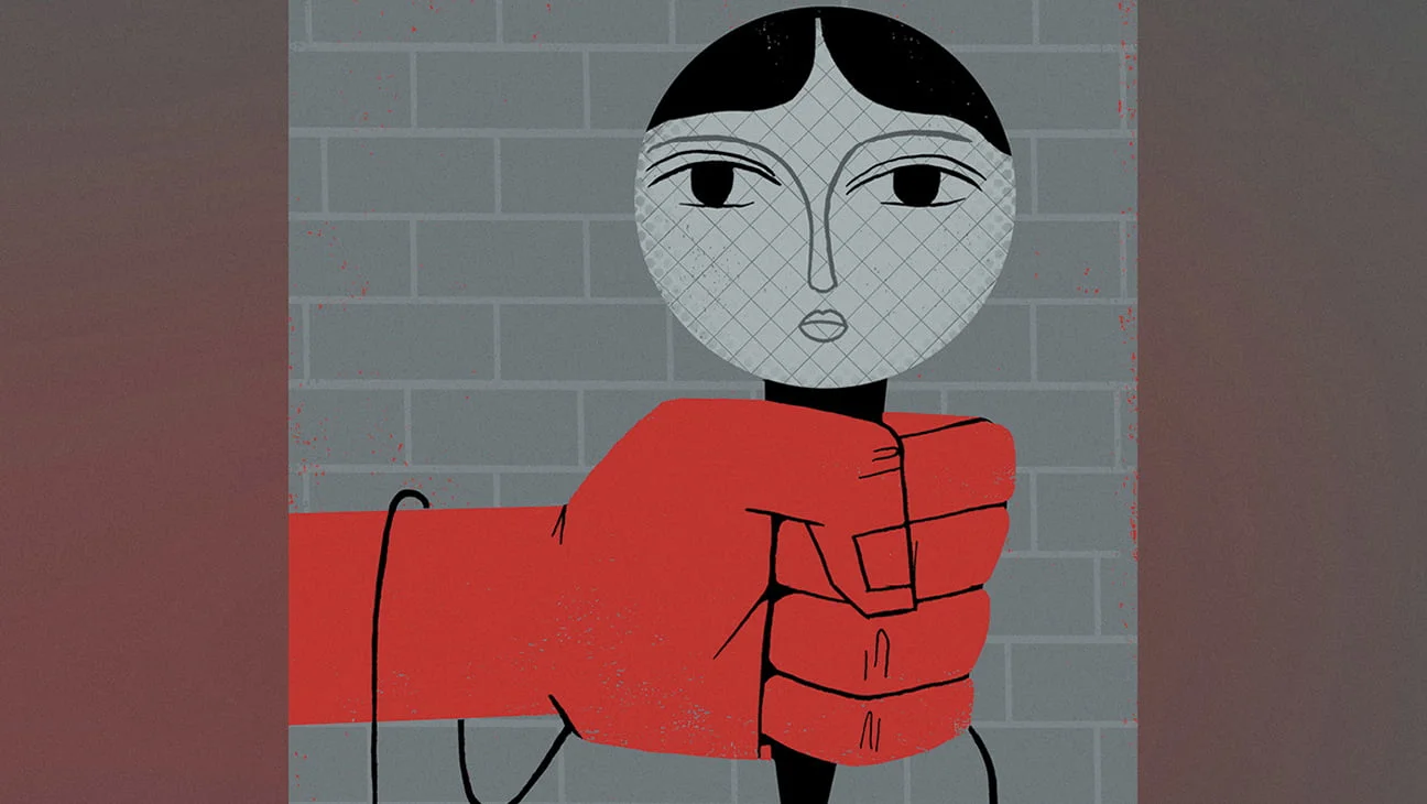 Woman's face on mic held by stand up comic 