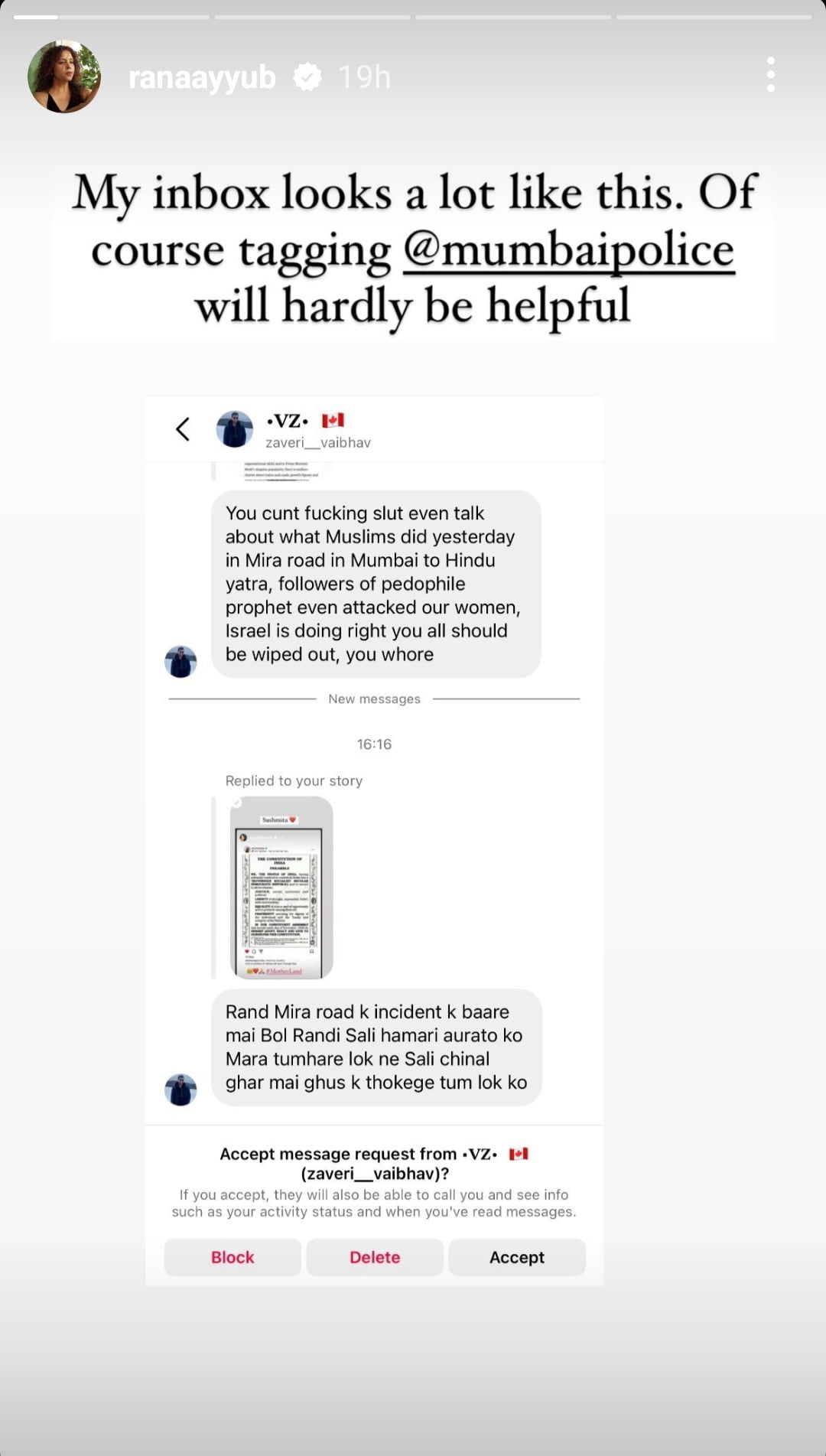 Rana Ayyub sharing screenshots of messages of death threats. Taken from her Instagram story.