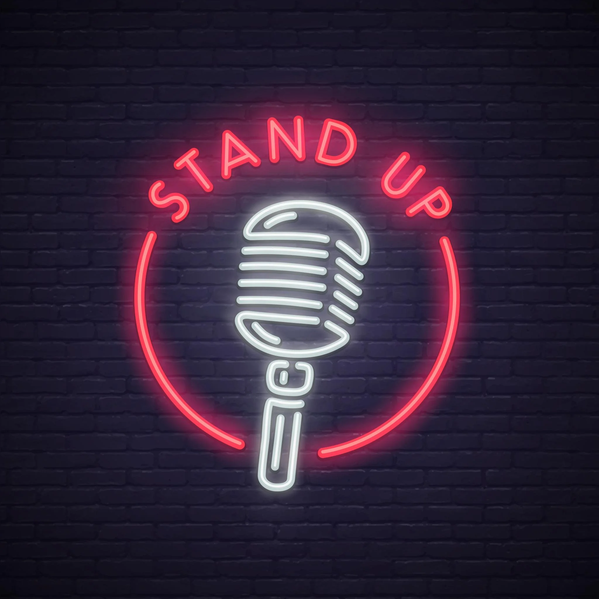 A mic with 'stand up' written in neon