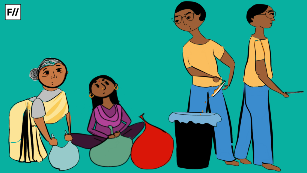 an illustration with an old woman and young woman sitting on floor and two men standing beside female reflecting labour force participation
