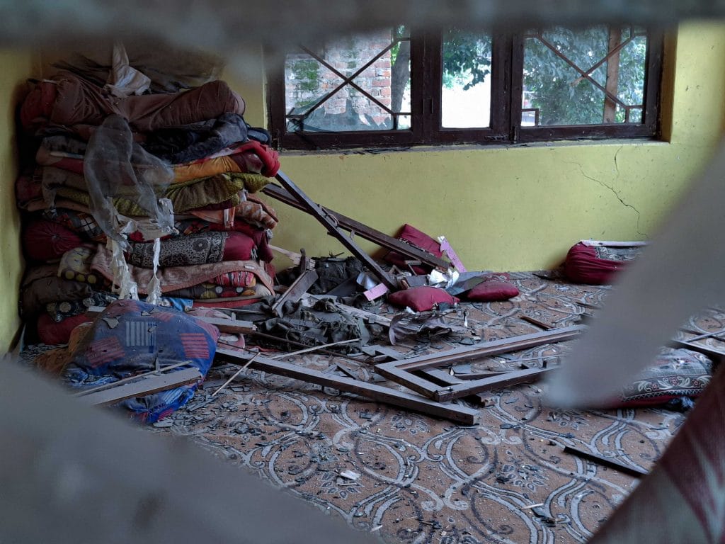 An inside view of a house damaged during cross-border shelling on May 9th in a Bandi village in Uri, North Kashmir. Credit: Ilhaq Tantry